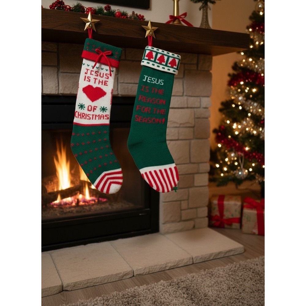 Vintage Kurt S Adler Knit Christmas Stockings Jesus Is The Reason Lot of 2‎